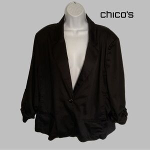 Chico's Classic 4 (XXL) Black Jacket Ruched Sleeve Blazer